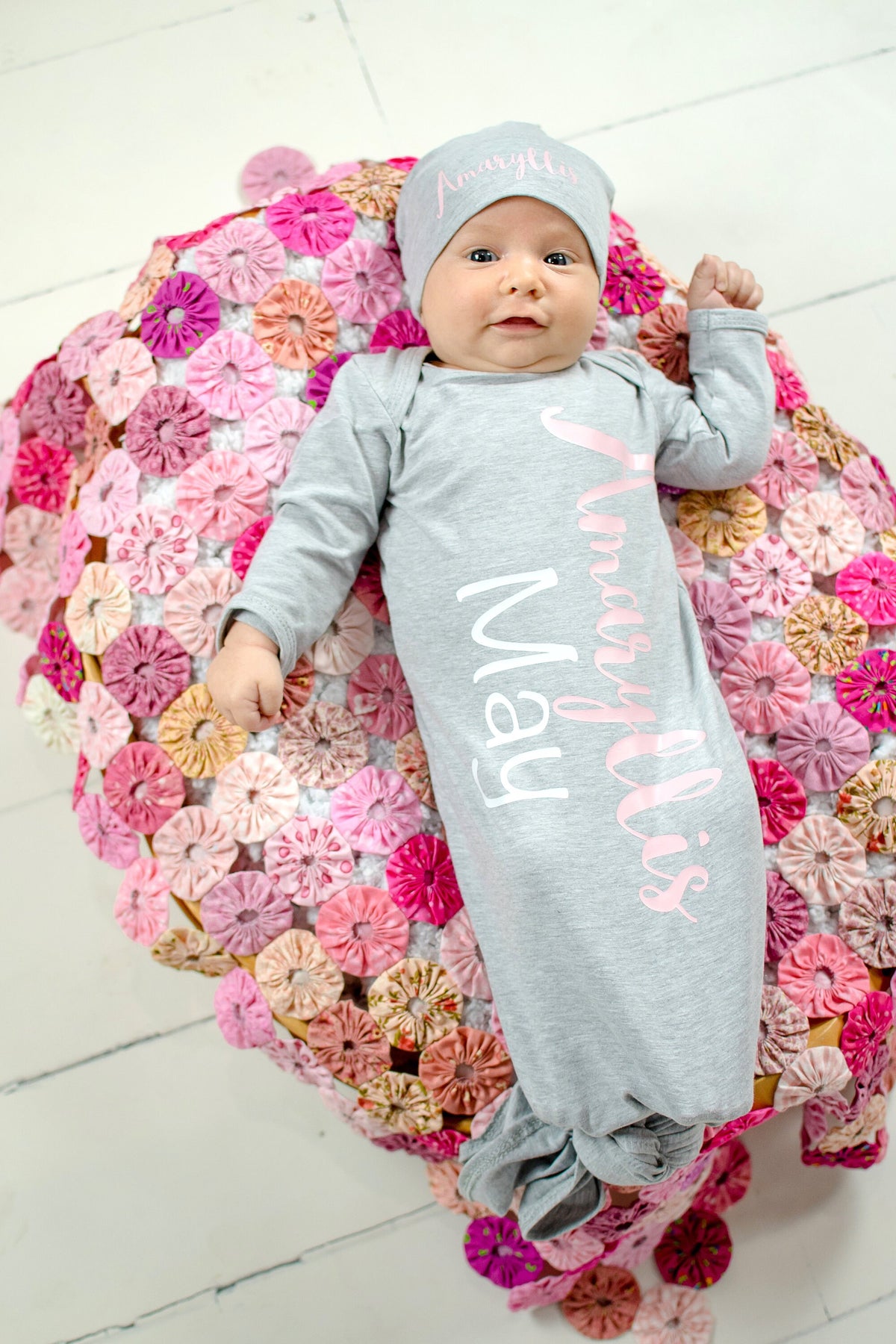 Personalized Newborn Knotted Gown: Gray & Pink Baby Girl Coming Home Outfit