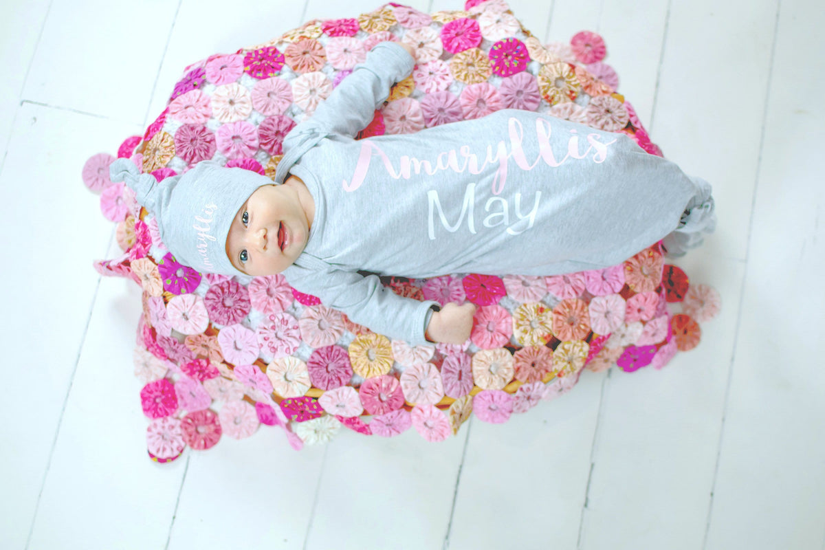 Personalized Newborn Knotted Gown: Gray & Pink Baby Girl Coming Home Outfit