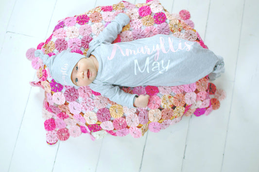Personalized Newborn Knotted Gown: Gray & Pink Baby Girl Coming Home Outfit