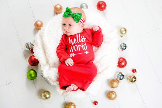 Newborn Girl Christmas Outfit: "Hello World" Red Gown