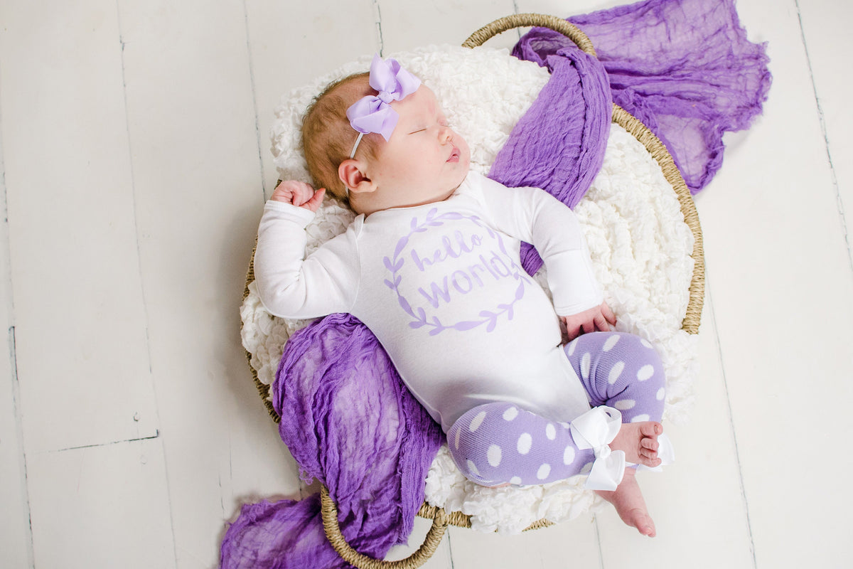 Newborn Girl Take Home Outfit: Lavender Polka Dot Leg Warmers, Headband