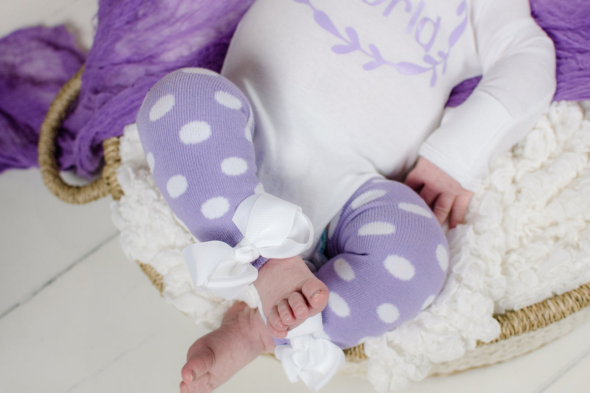 Newborn Girl Take Home Outfit: Lavender Polka Dot Leg Warmers, Headband
