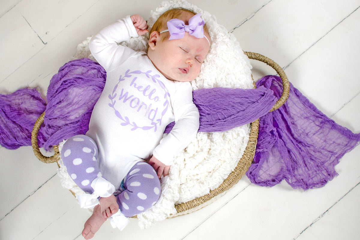 Newborn Girl Take Home Outfit: Lavender Polka Dot Leg Warmers, Headband