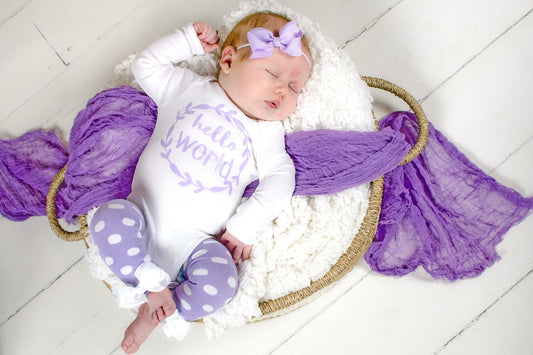 Newborn Girl Take Home Outfit: Lavender Polka Dot Leg Warmers, Headband