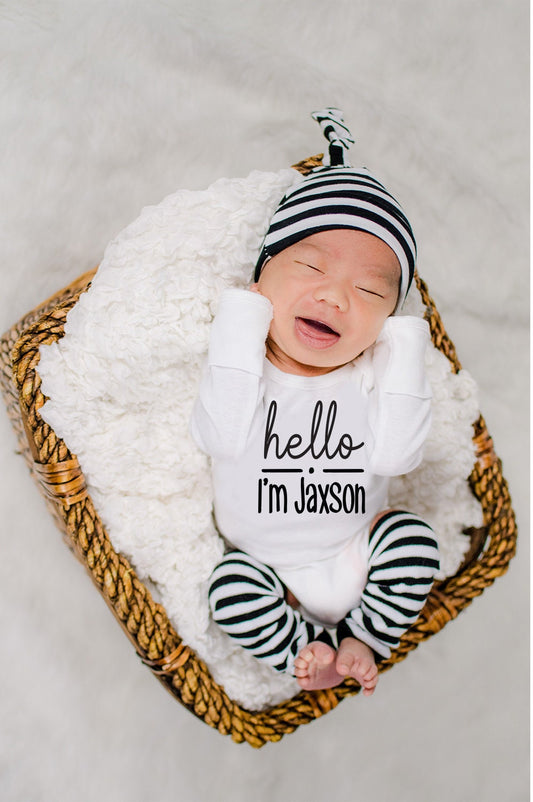 Baby Boy Coming Home Outfit: Hello World Bodysuit, Personalized Blanket