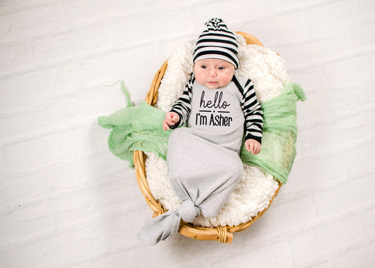 Personalized Newborn Boy Knotted Gown Outfit: Baby Leg Warmers