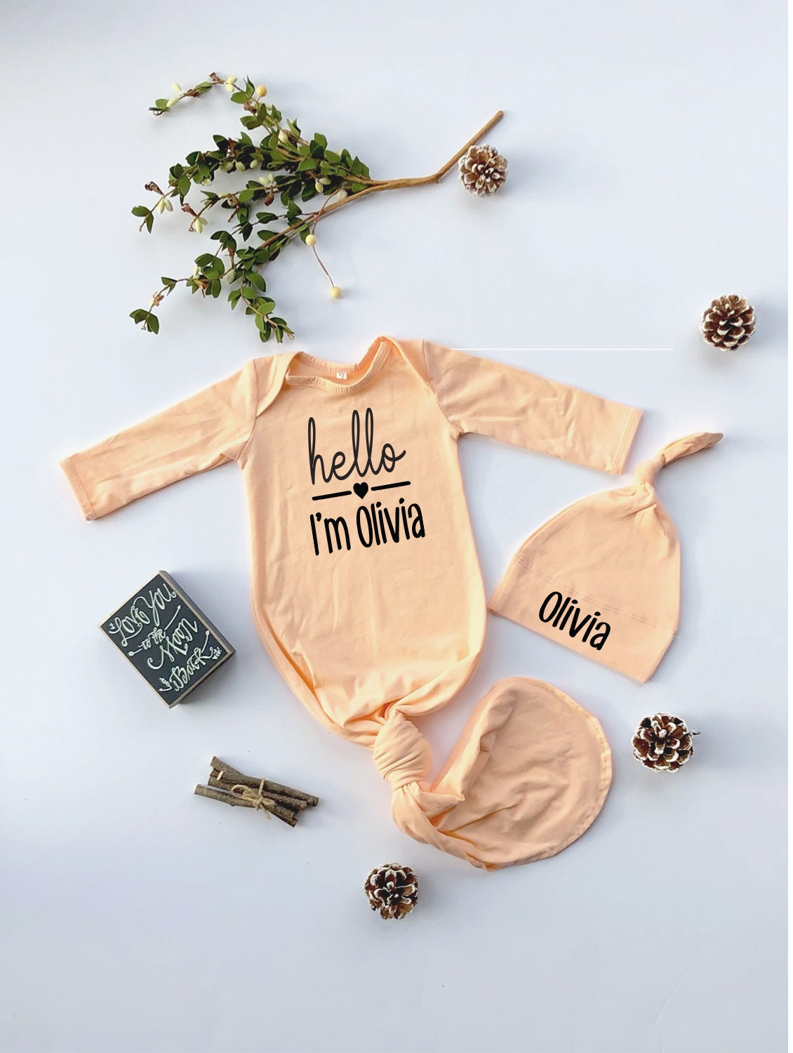 Personalized Newborn Girl Coming Home Outfit: Knotted Gown & Swaddle Blanket