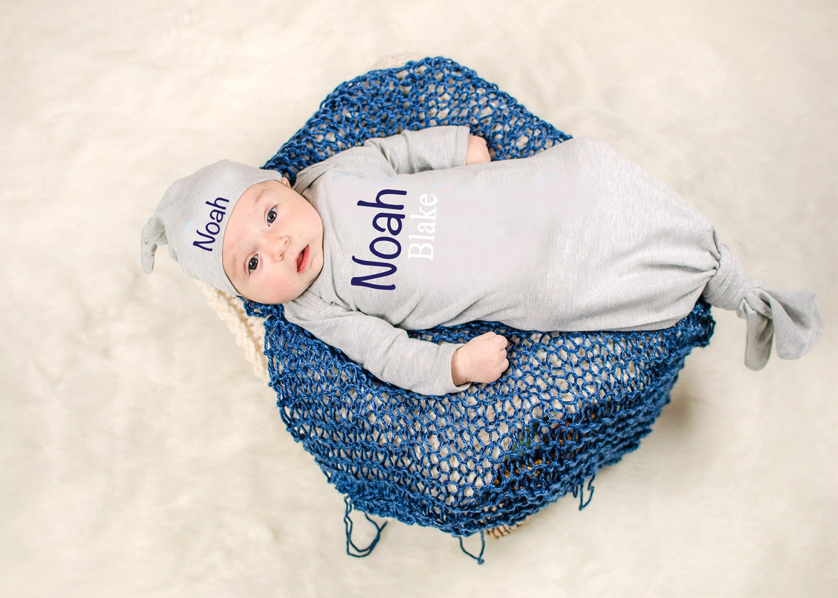 Personalized Baby Boy Coming Home Outfit: Knotted Gown & Hat