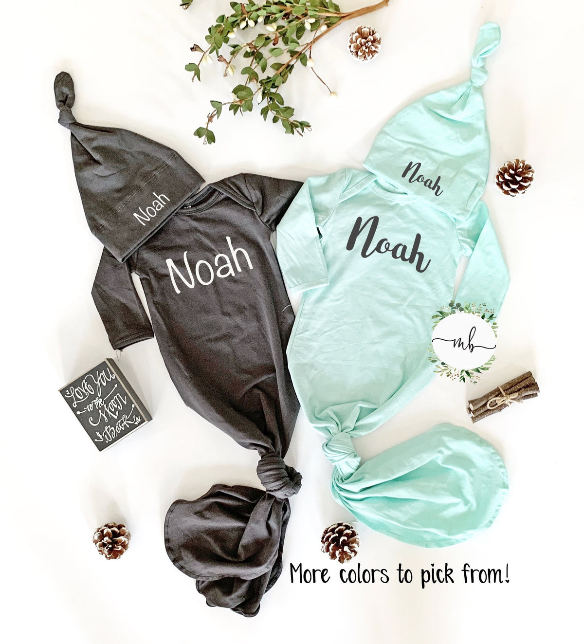 Personalized Baby Boy Knotted Gown and Hat Set: Cotton Newborn Outfit