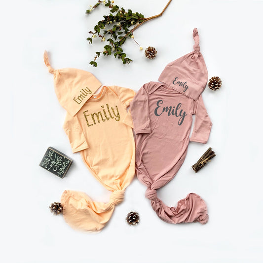 Personalized Knotted Baby Gown & Hat Set: Newborn Girl Outfit