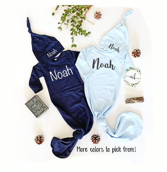 Personalized Newborn Knotted Gown and Hat Set: Baby Coming Home Outfit