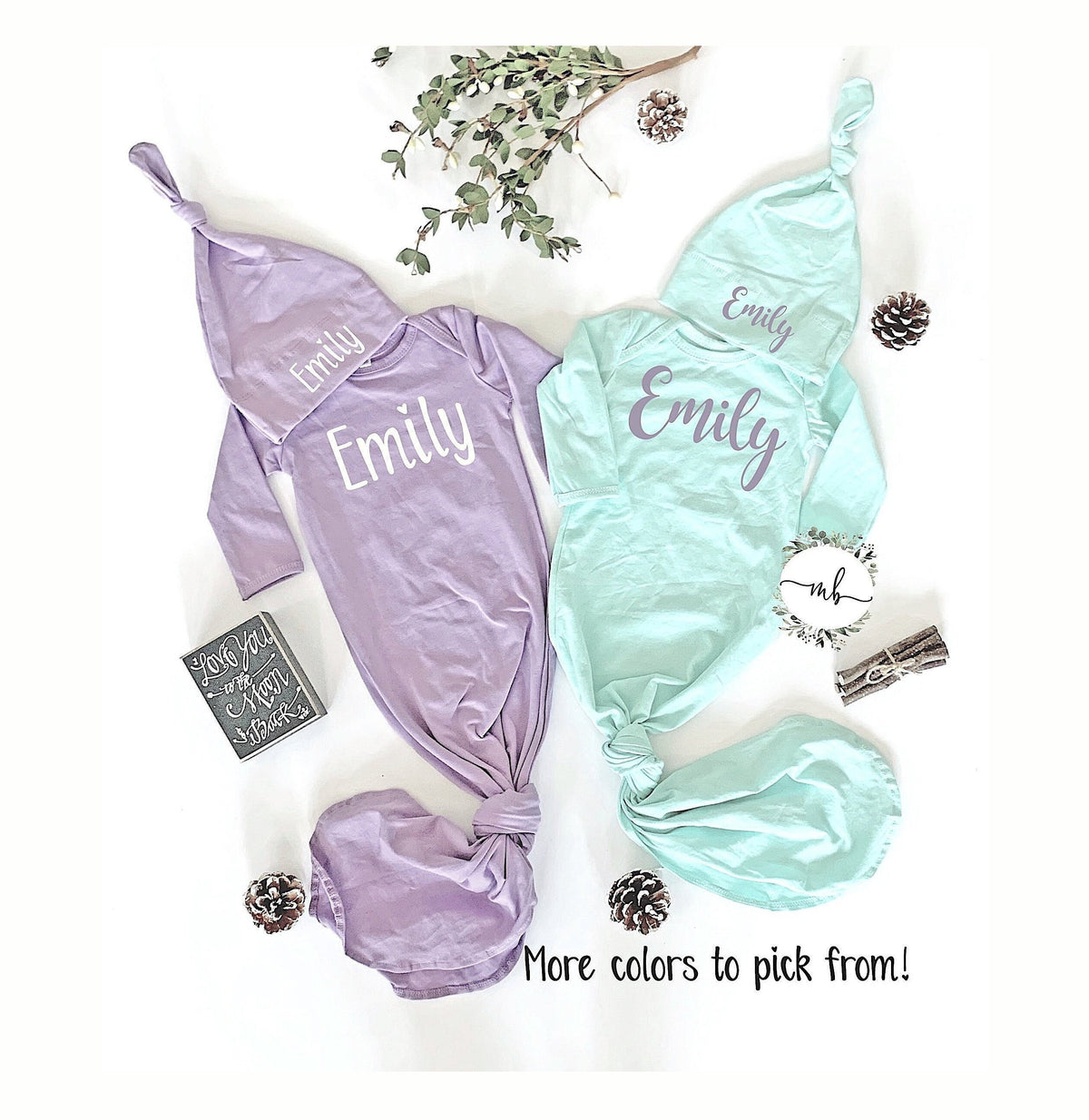 Personalized Knotted Baby Gown & Hat Set: Newborn Girl Outfit