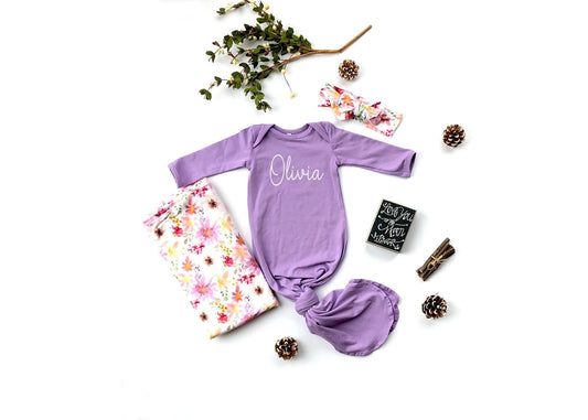 Personalized Baby Girl Knotted Gown: Newborn Coming Home Outfit