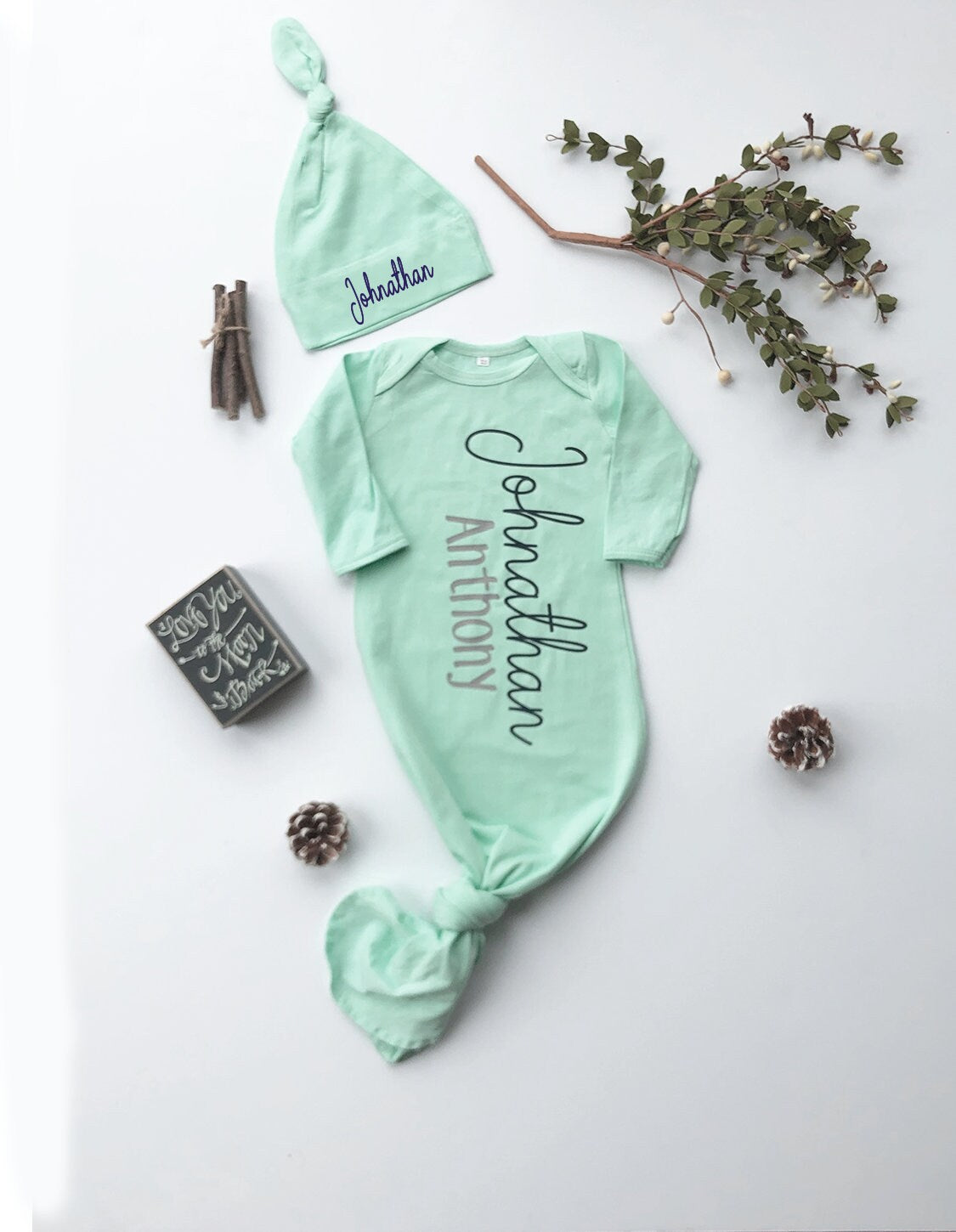 Personalized Newborn Knotted Gown: Mint Baby Boy Coming Home Outfit