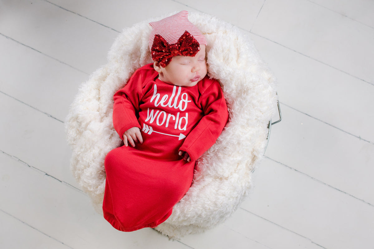 Baby Girl Valentines Outfit: "Hello World" Newborn Take Home Gown