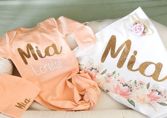 Personalized Peach Newborn Girl Outfit: Knotted Gown, Hat & Swaddle Set