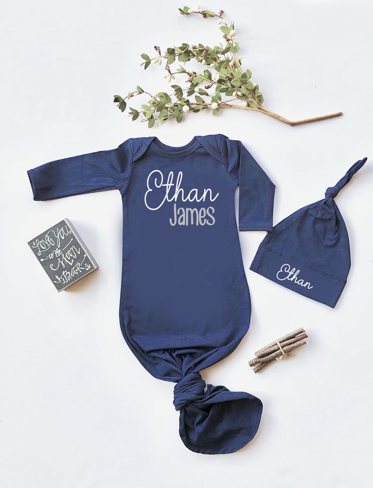 Personalized Newborn Boy Knotted Gown: Cotton Coming Home Outfit