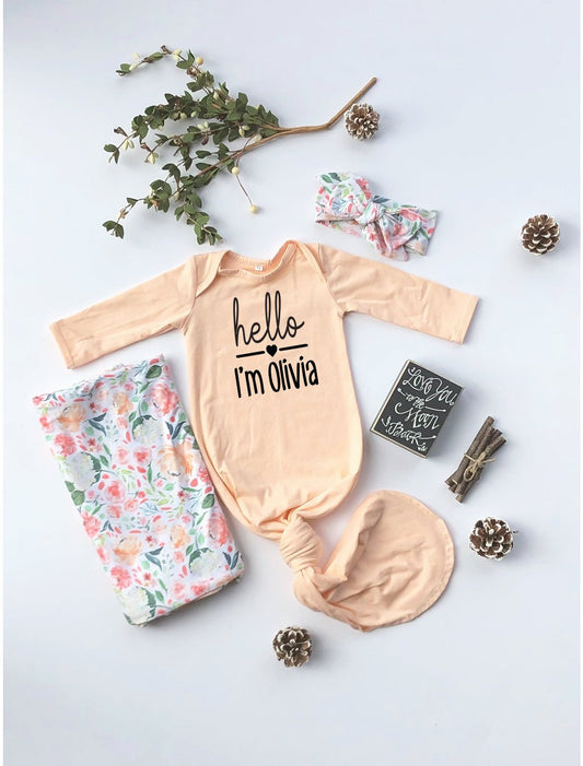 Personalized Newborn Girl Coming Home Outfit: Knotted Gown & Swaddle Blanket