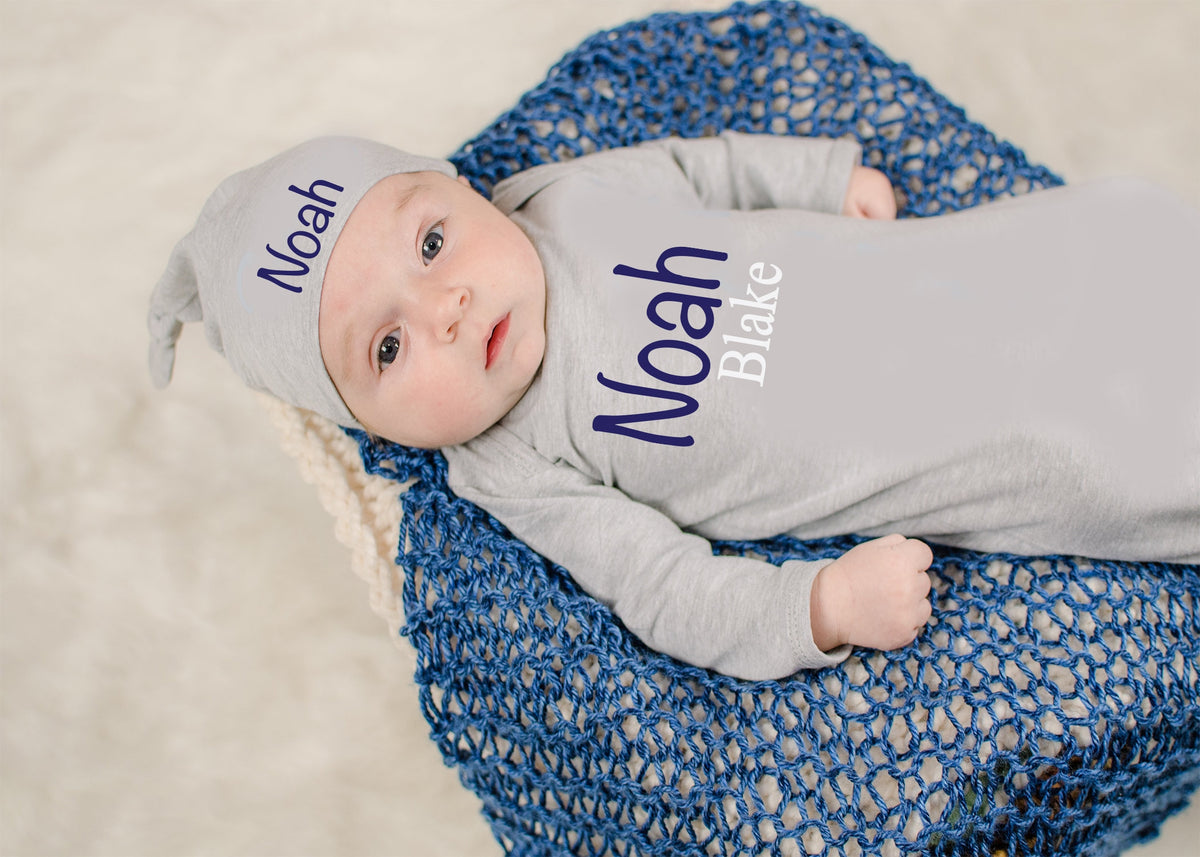 Personalized Baby Boy Coming Home Outfit: Knotted Gown & Hat