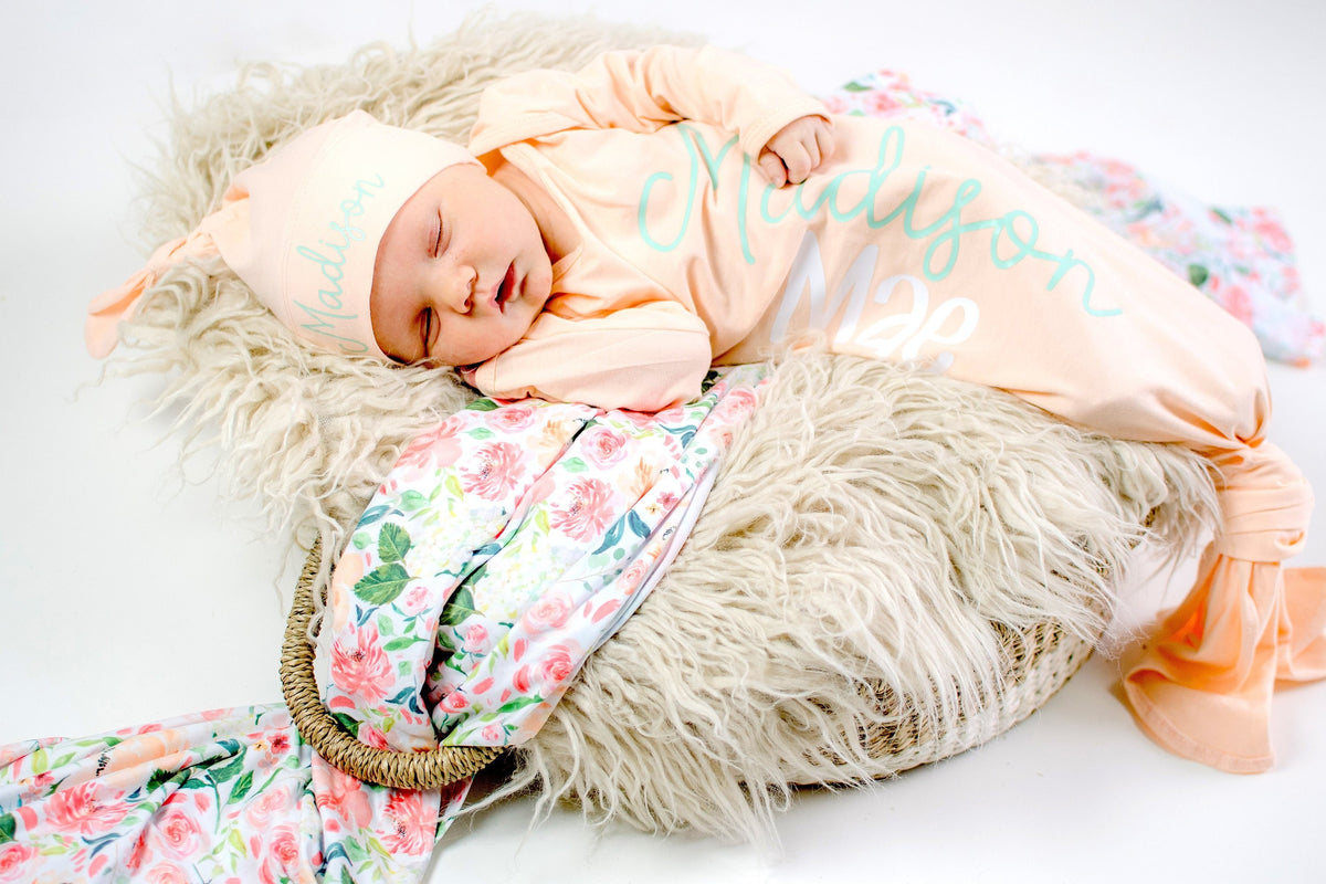 Personalized Peach Baby Girl Coming Home Outfit: Knotted Gown & Floral Blanket