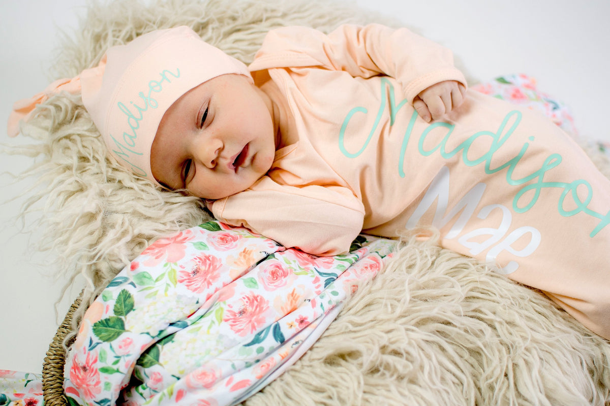 Personalized Peach Baby Girl Coming Home Outfit: Knotted Gown & Floral Blanket