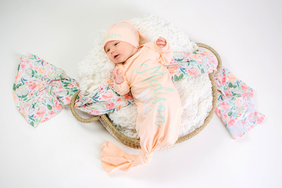 Personalized Peach Baby Girl Coming Home Outfit: Knotted Gown & Floral Blanket