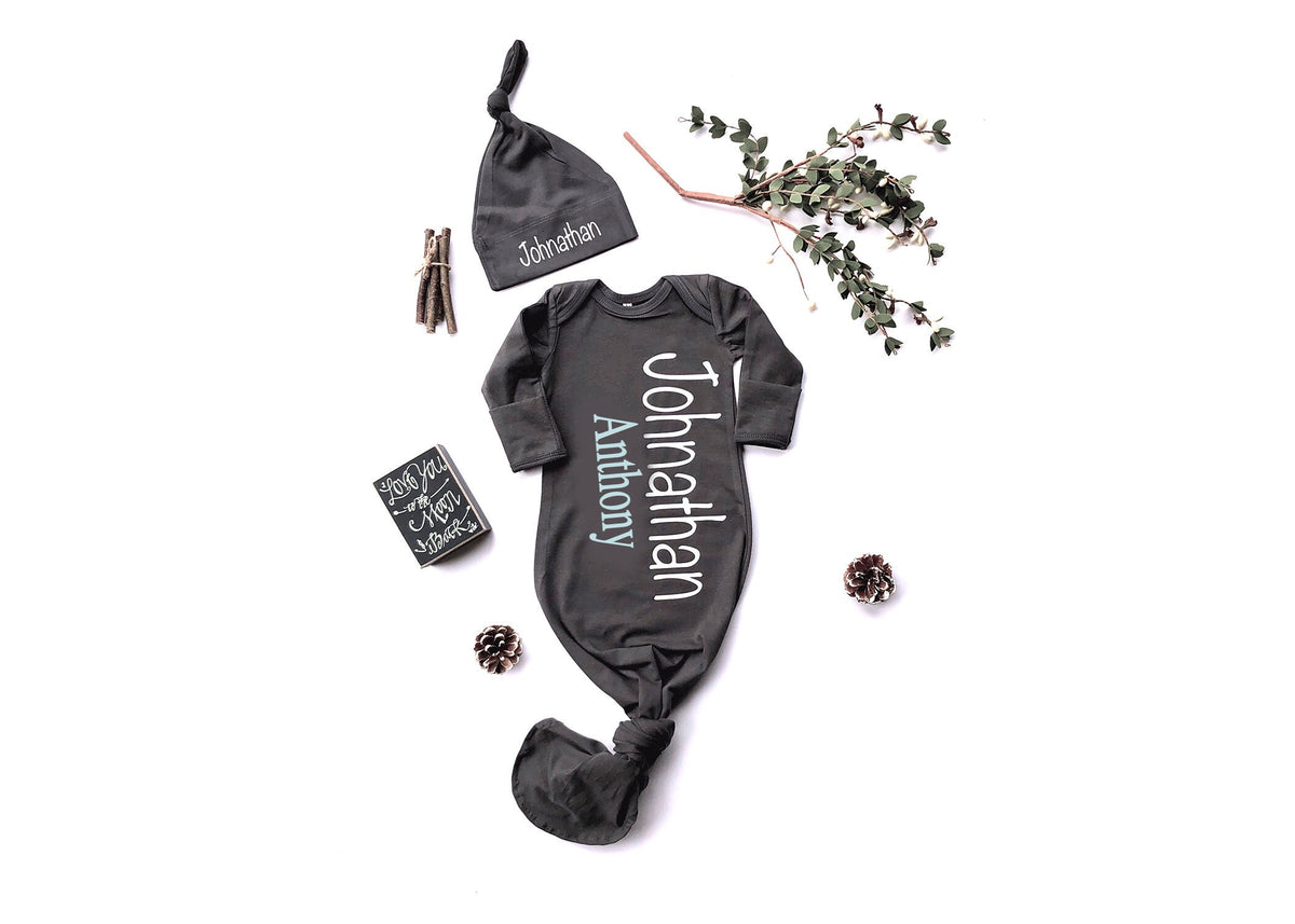 Personalized Newborn Knotted Gown and Hat Set: Baby Boy Coming Home Outfit