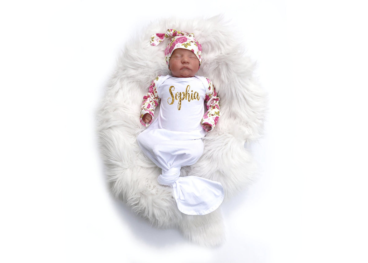 Personalized Baby Girl Knotted Gown: Pink Floral Newborn Outfit