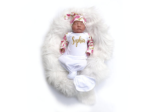 Personalized Baby Girl Knotted Gown: Pink Floral Newborn Outfit