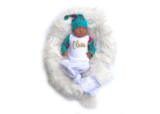Personalized Baby Girl Knotted Gown: Turquoise Floral Coming Home Outfit