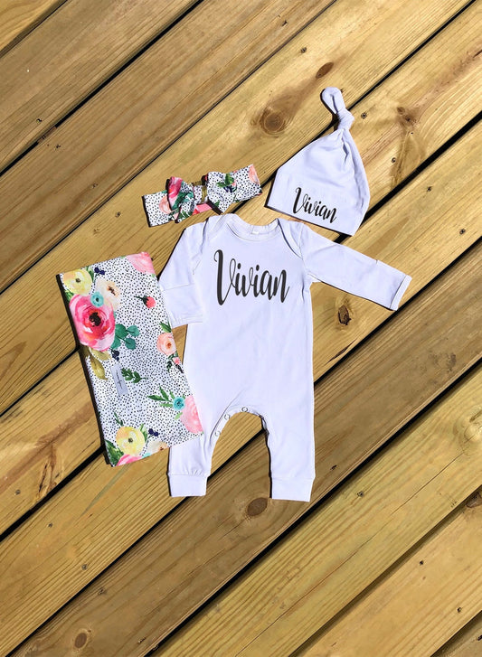 Personalized Newborn Girl Outfit: Floral Swaddle Blanket, Romper, and Hat