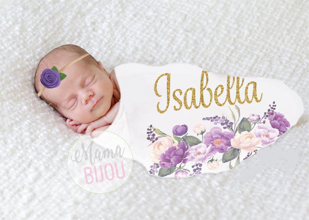 Personalized Newborn Girl Outfit: Lavender Floral Romper, Hat & Blanket