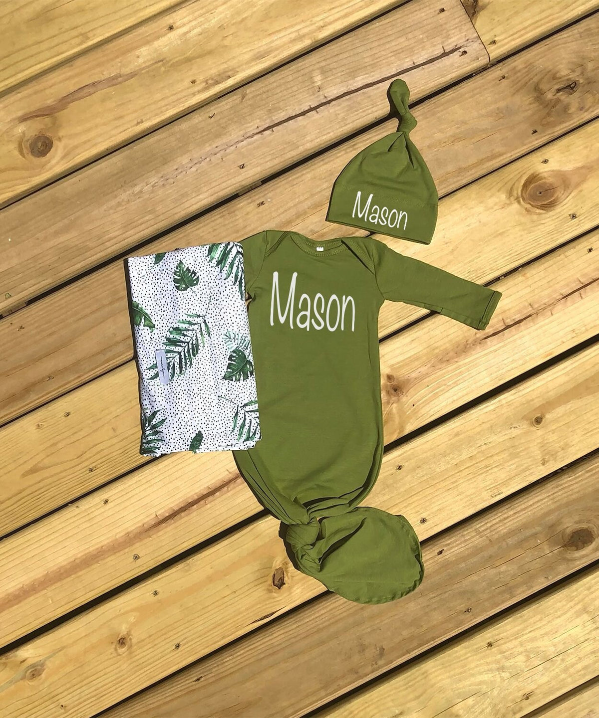 Personalized Baby Gown Set: Olive Palm Leaf Swaddle Blanket, Coming Home Outfit