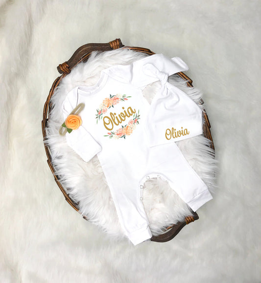 Personalized Floral Baby Girl Romper: Newborn Coming Home Outfit