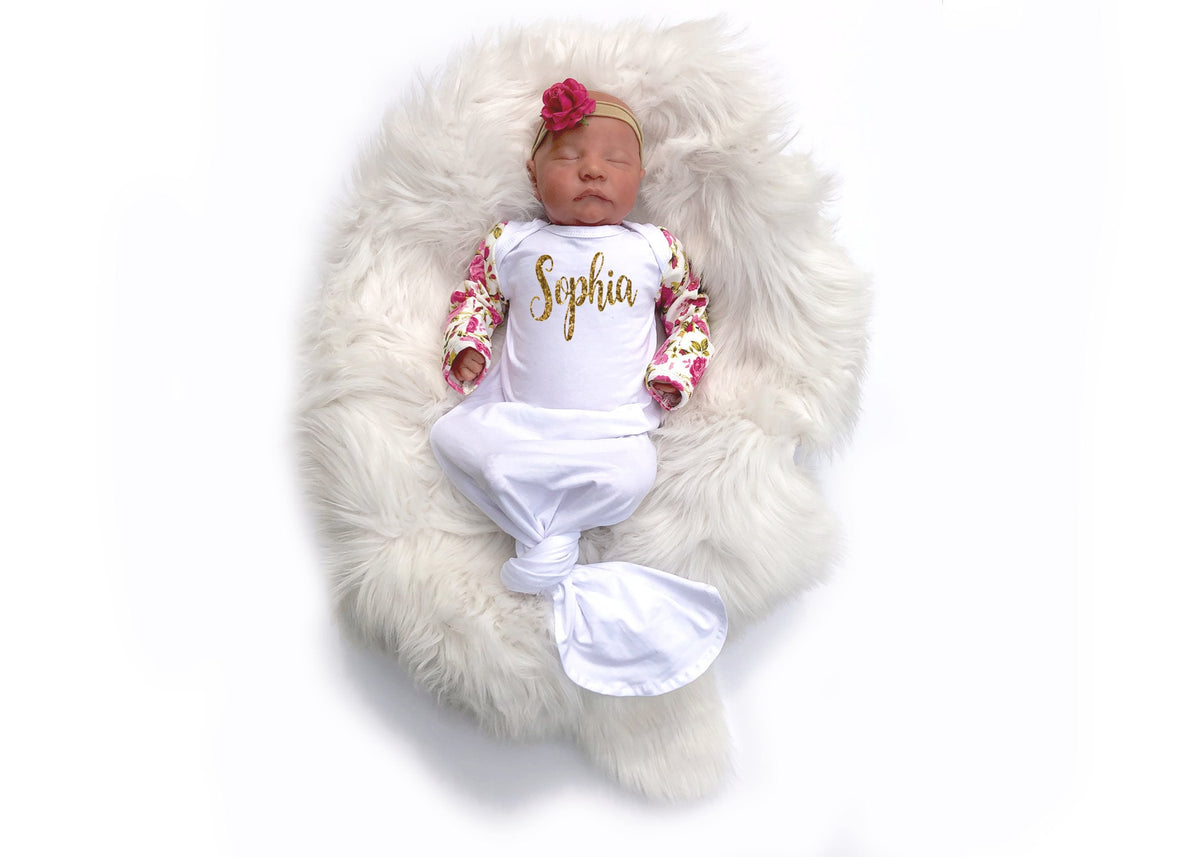 Personalized Baby Girl Knotted Gown: Pink Floral Newborn Outfit