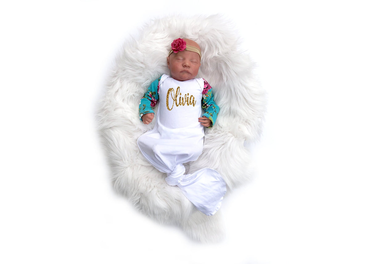 Personalized Baby Girl Knotted Gown: Turquoise Floral Coming Home Outfit