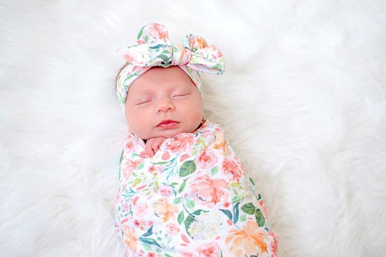 Personalized Baby Girl Gown Set: Peach Floral Swaddle Blanket, Newborn Outfit