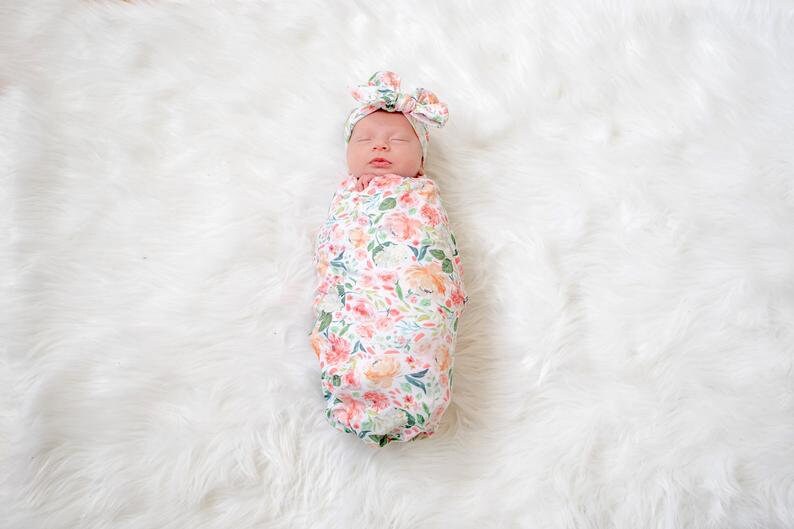 Personalized Baby Girl Gown Set: Peach Floral Swaddle Blanket, Newborn Outfit