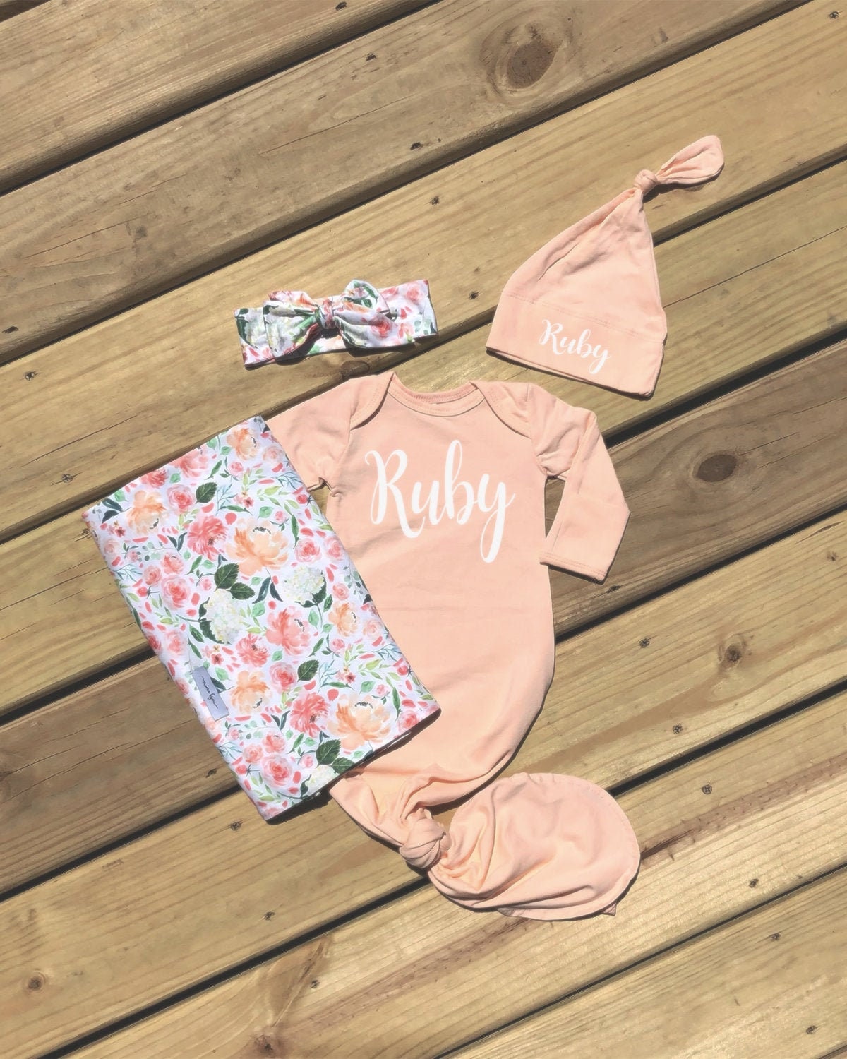 Personalized Baby Girl Gown Set: Peach Floral Swaddle Blanket, Newborn Outfit