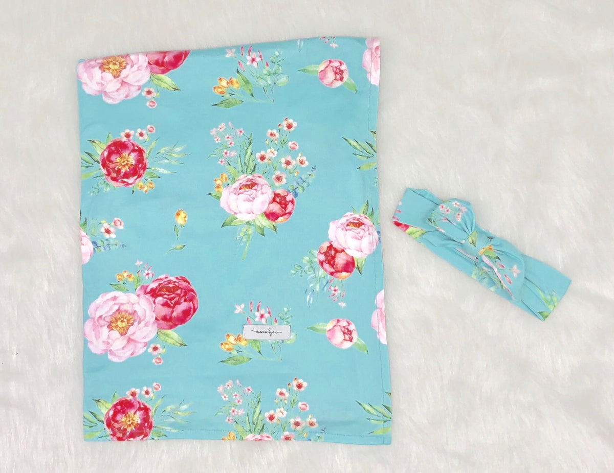 Aqua Floral Swaddle Set Girl, Newborn Baby Girl Coming Home Outfit, Swaddle Blanket Receiving Blanket Headband Baby Shower Gift