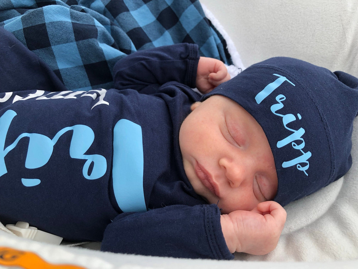 Personalized Newborn Boy Knotted Gown: Navy Baby Coming Home Outfit