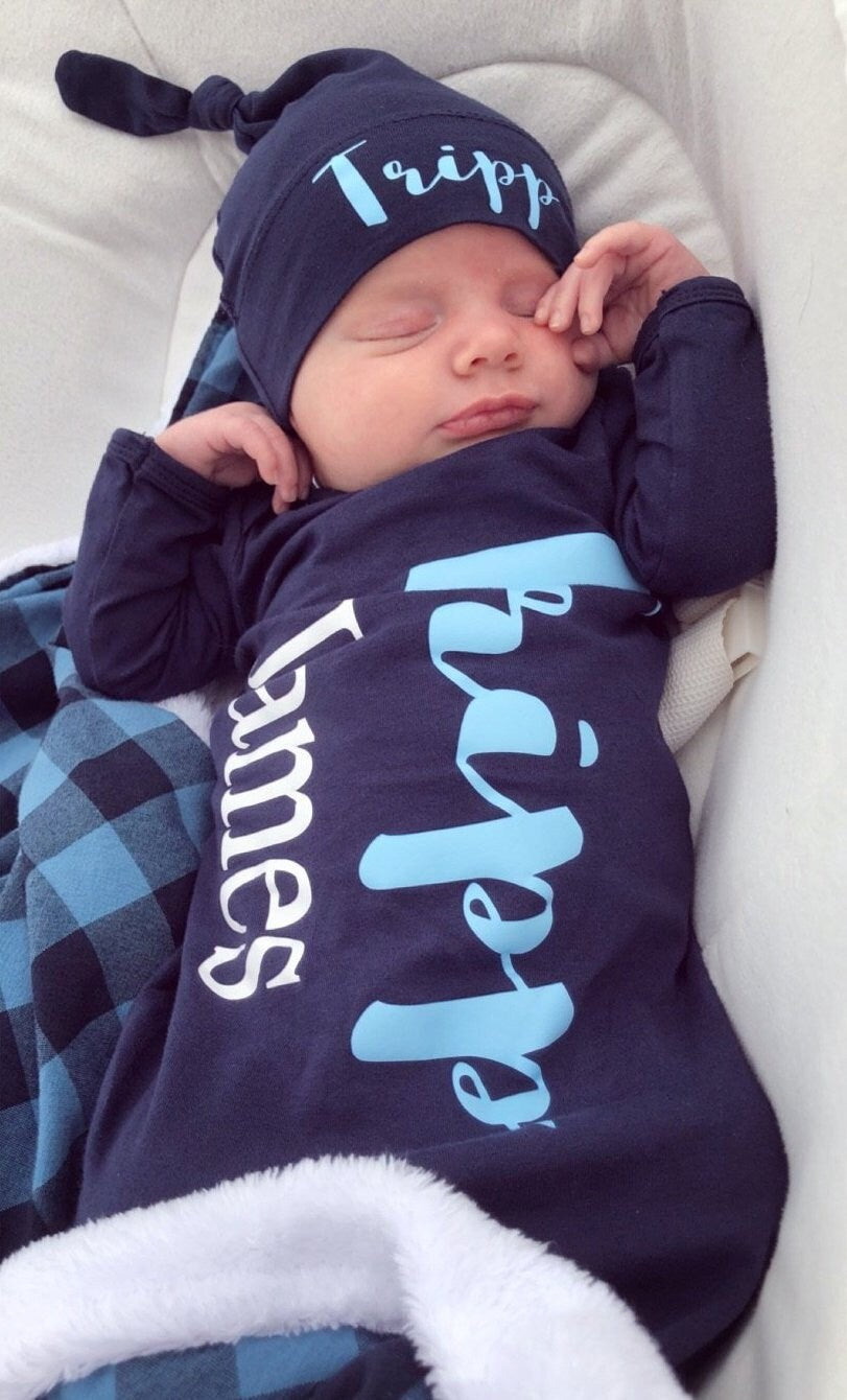 Personalized Newborn Boy Knotted Gown: Navy Baby Coming Home Outfit