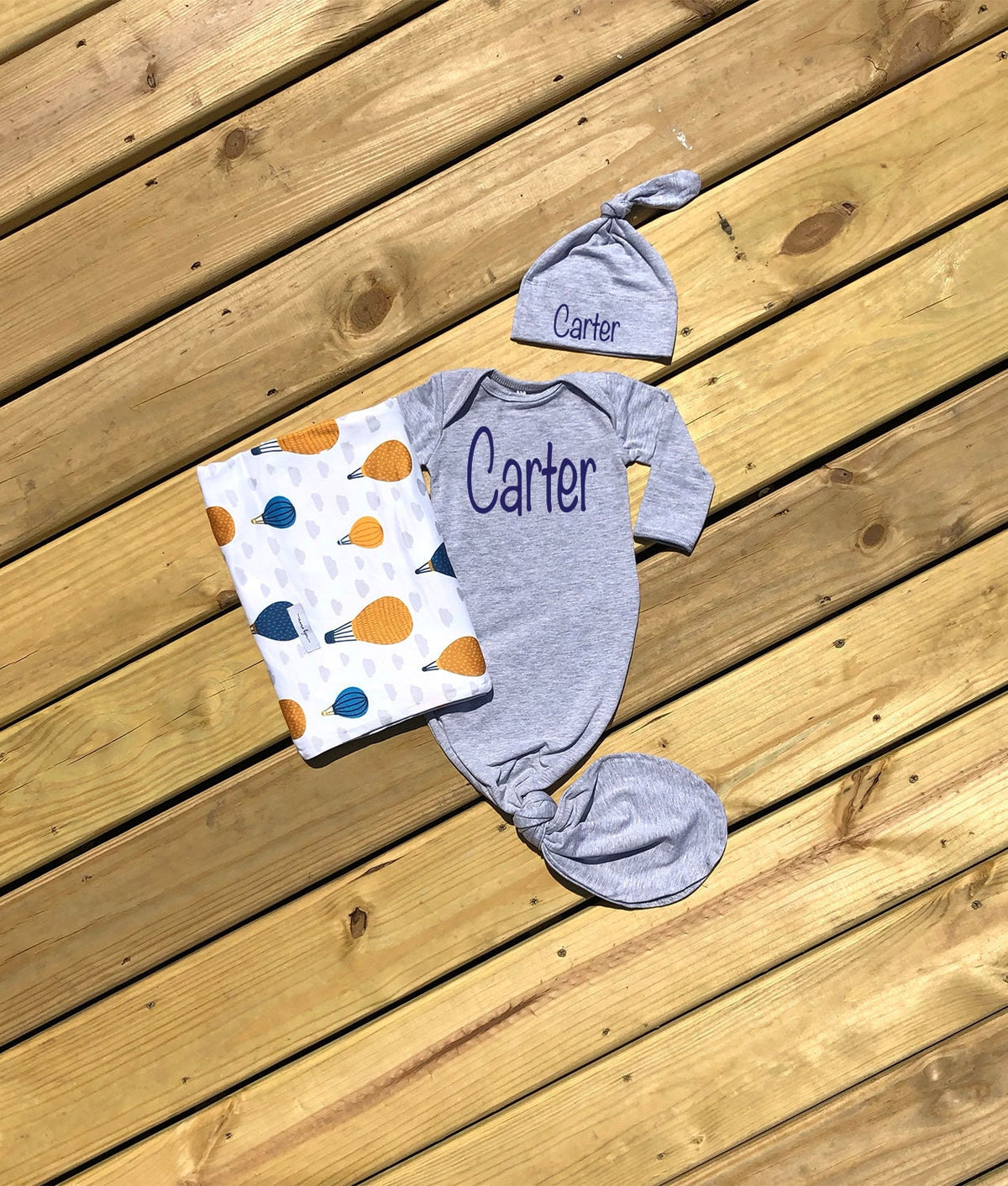 Personalized Baby Boy Knotted Gown Set: Gray Adventure Awaits Outfit