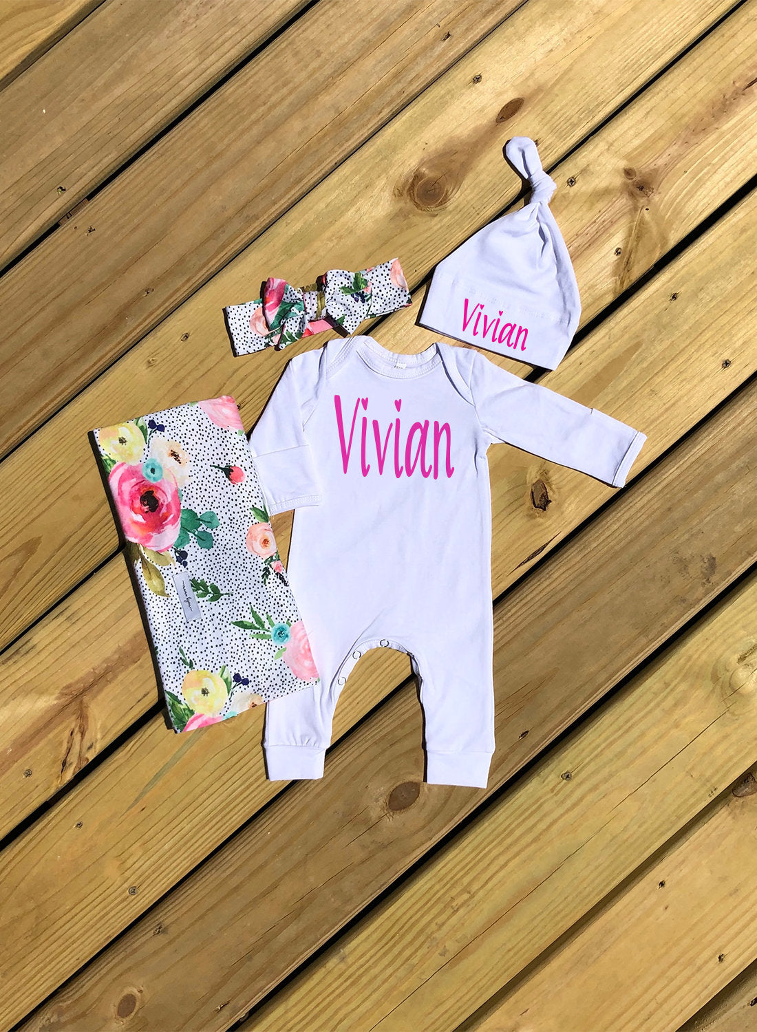 Personalized Newborn Girl Outfit: Floral Swaddle Blanket, Romper, and Hat