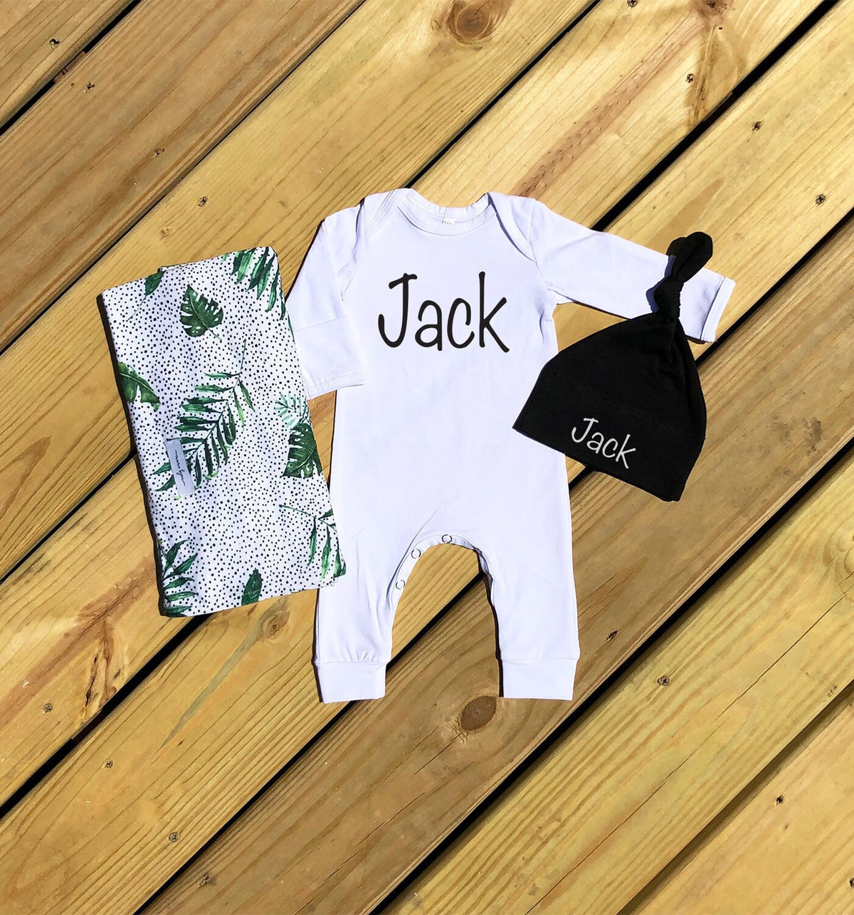 Personalized Newborn Romper Set: Greenery Palm Leaf Swaddle Blanket