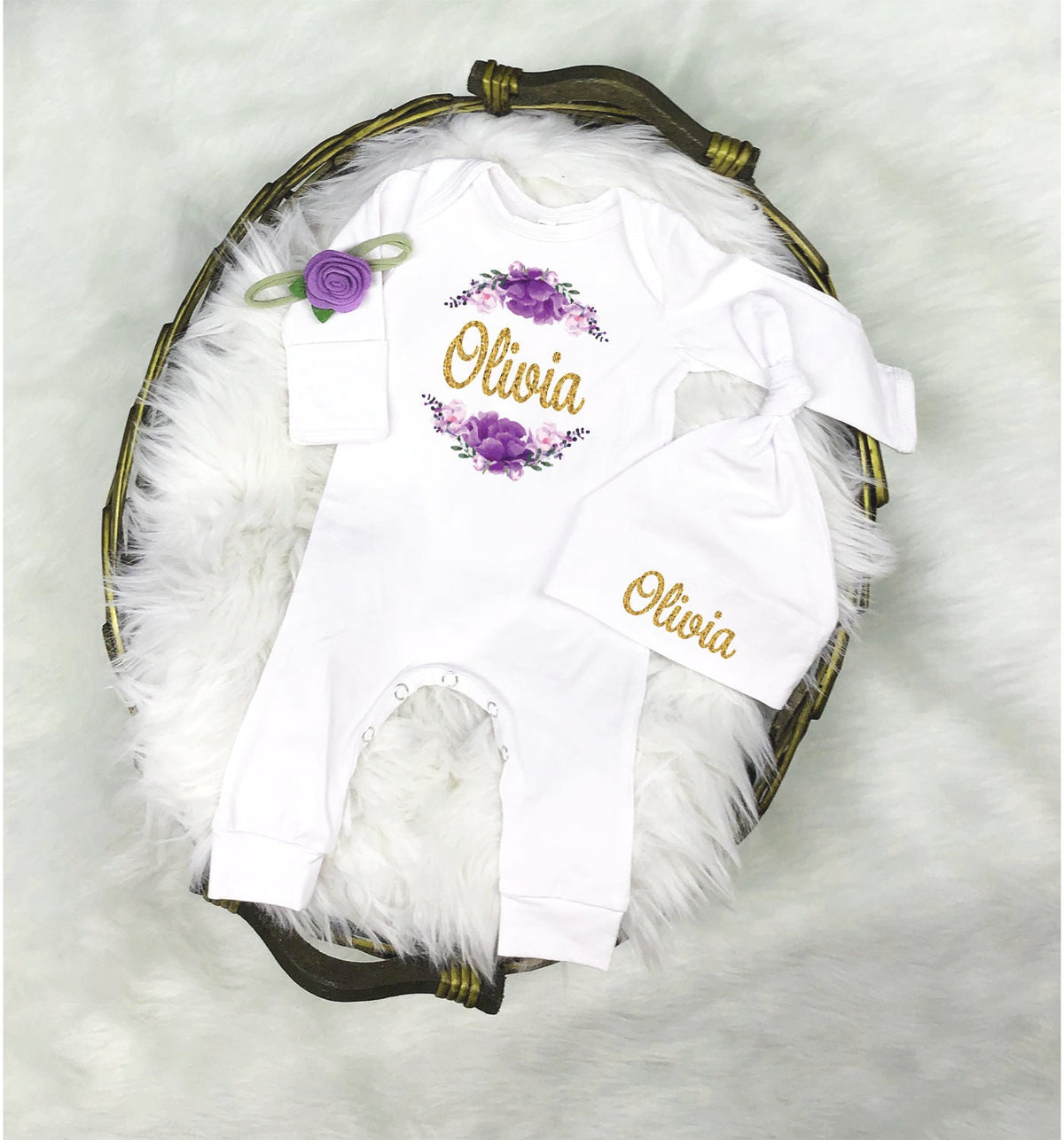 Personalized Newborn Girl Outfit: Lavender Floral Romper, Hat & Blanket