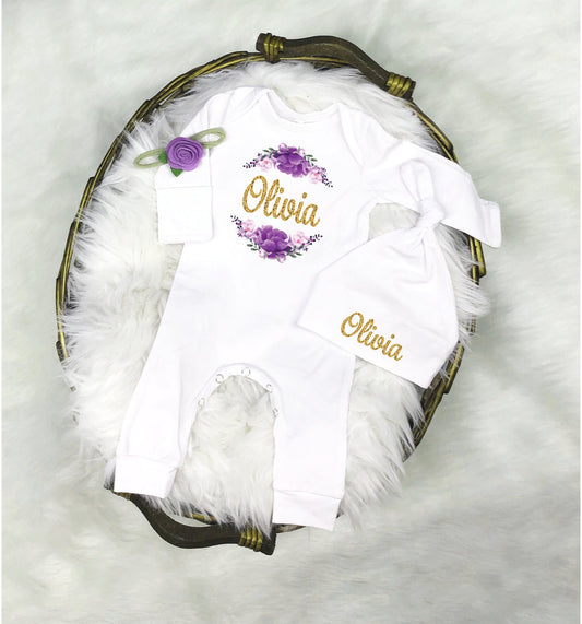 Personalized Newborn Girl Outfit: Lavender Floral Romper, Hat & Blanket