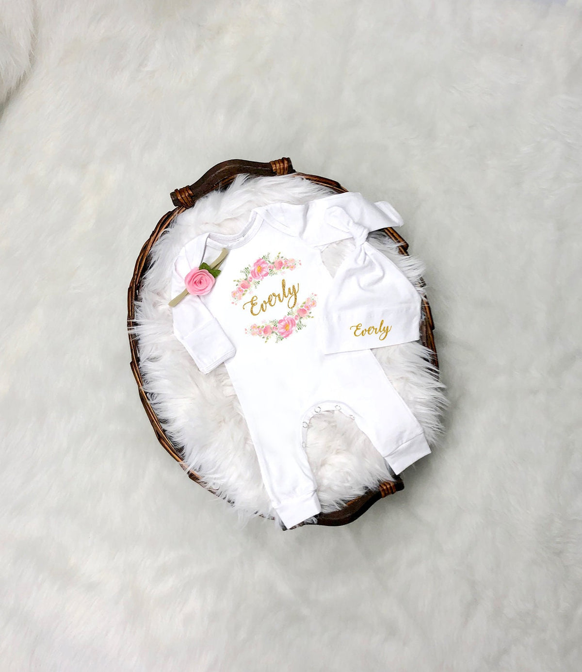 Personalized Newborn Girl Romper Set: Pink Floral Swaddle Blanket, Coming Home Outfit