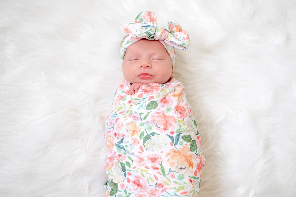 Personalized Baby Girl Gown Set: Peach Floral Swaddle Blanket, Newborn Outfit