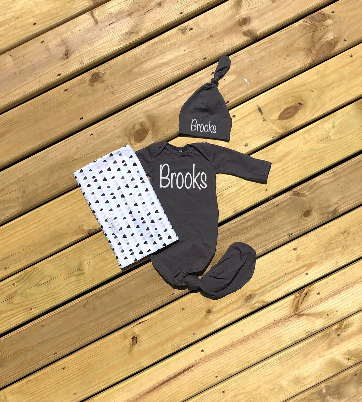 Personalized Baby Boy Knotted Gown Set: Swaddle Blanket & Hat